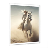White Horse With Rider Galloping Desert Scene - Horse Framed Canvas Art
