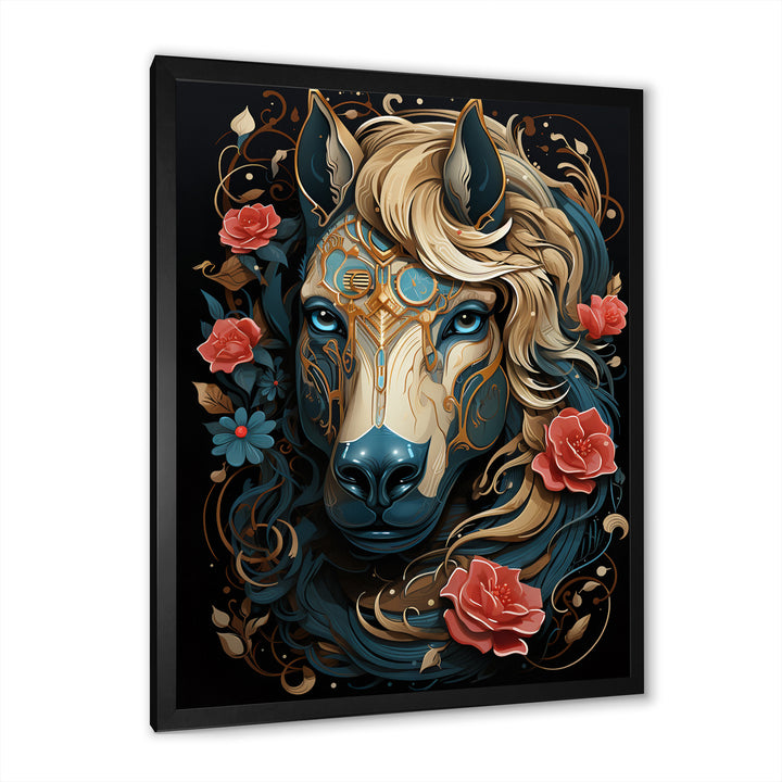 Retro Portrait Of White Horse With Red Roses - Horse Wall Art Prints