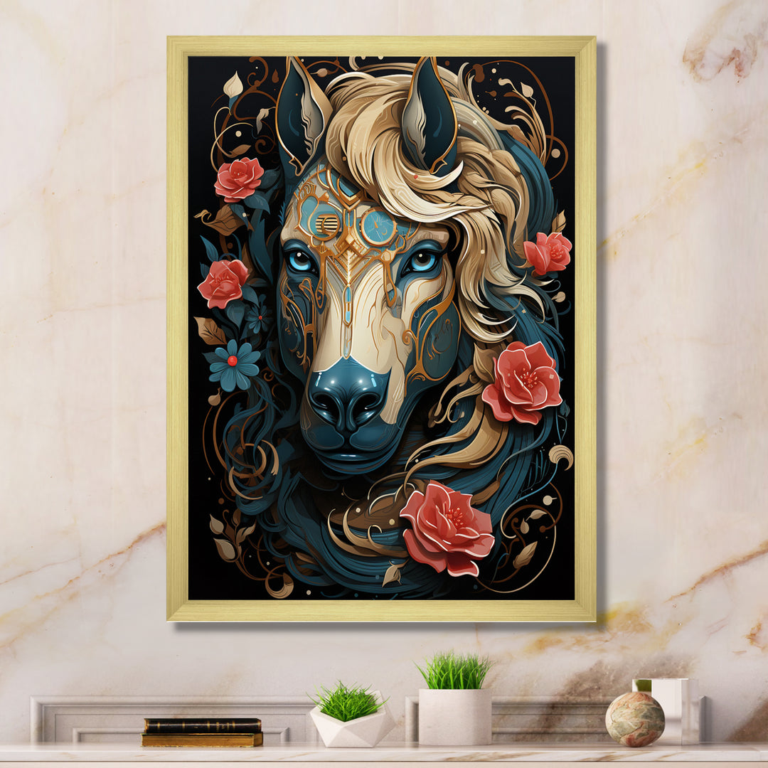 Retro Portrait Of White Horse With Red Roses - Horse Wall Art Prints