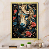 Retro Portrait Of White Horse With Red Roses - Horse Wall Art Prints