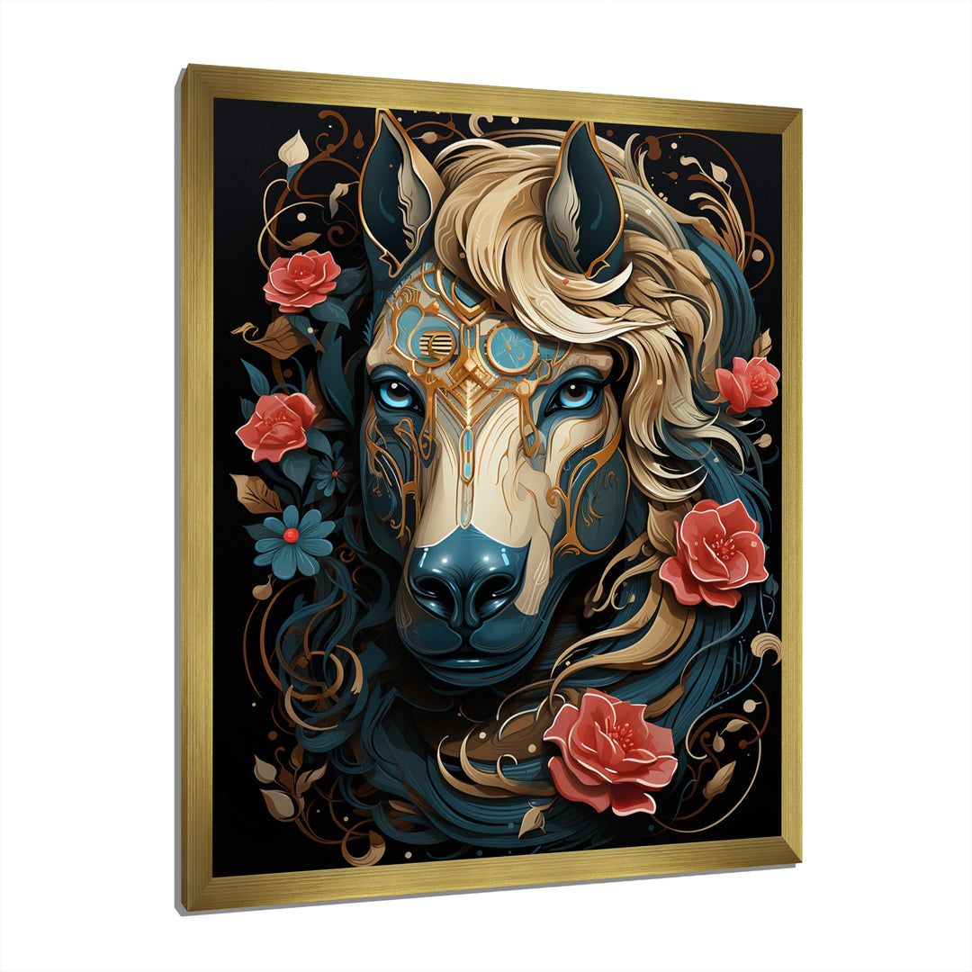 Retro Portrait Of White Horse With Red Roses - Horse Wall Art Prints