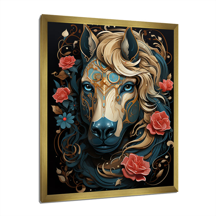 Retro Portrait Of White Horse With Red Roses - Horse Wall Art Prints