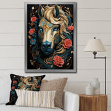 Retro Portrait Of White Horse With Red Roses - Horse Wall Art Prints