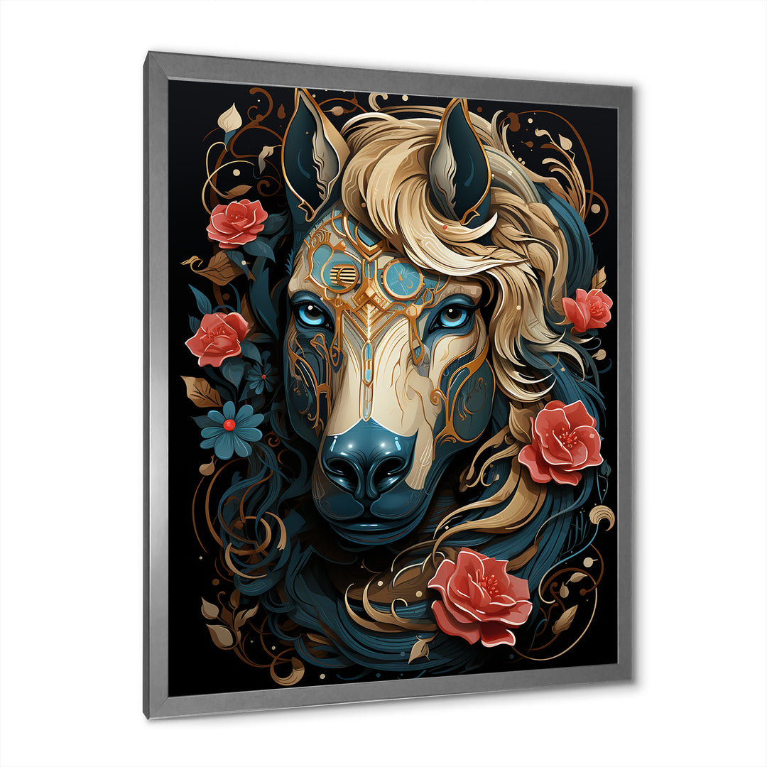 Retro Portrait Of White Horse With Red Roses - Horse Wall Art Prints