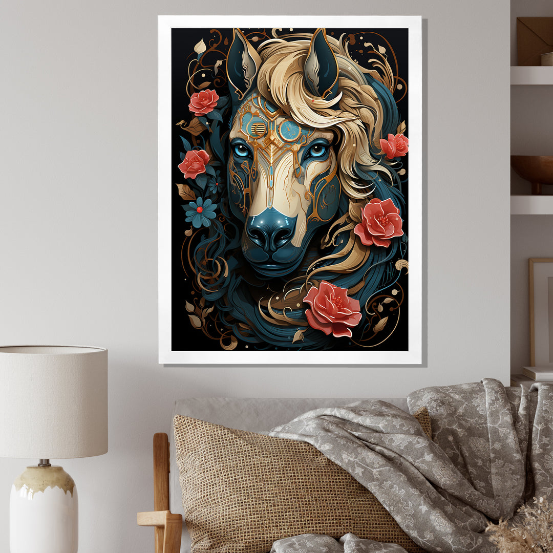 Retro Portrait Of White Horse With Red Roses - Horse Wall Art Prints