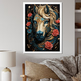 Retro Portrait Of White Horse With Red Roses - Horse Wall Art Prints