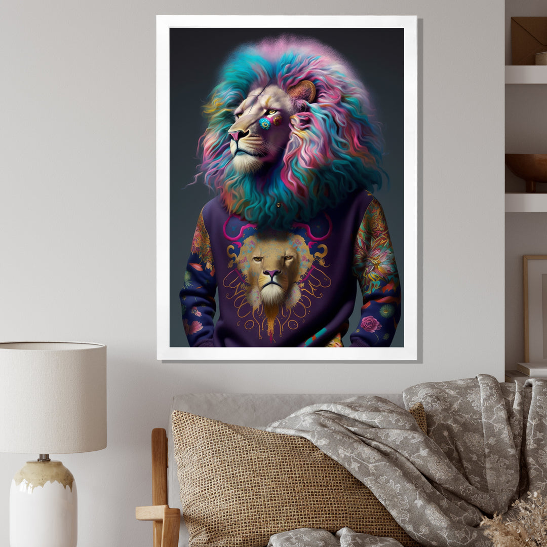 Cool Lion With Flamboyant Sweater - Blue Lion Wall Art