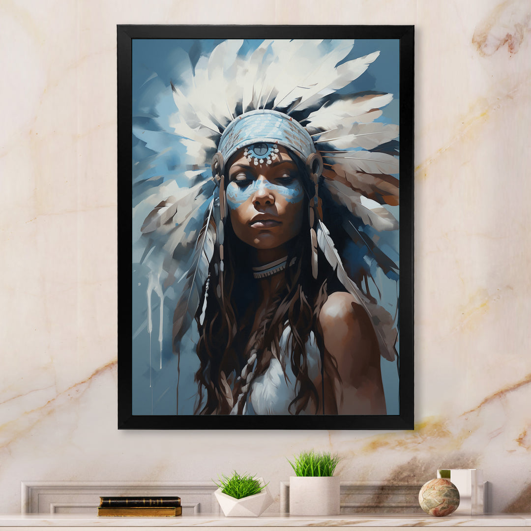 Vintage Portrait Female Native Feather Headdress - Lion Framed Canvas Art