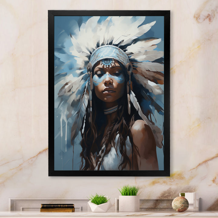 Vintage Portrait Female Native Feather Headdress - Lion Framed Canvas Art