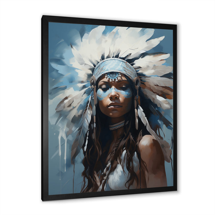 Vintage Portrait Female Native Feather Headdress - Lion Framed Canvas Art