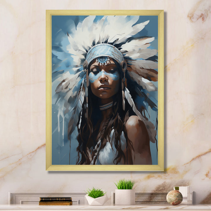 Vintage Portrait Female Native Feather Headdress - Lion Framed Canvas Art
