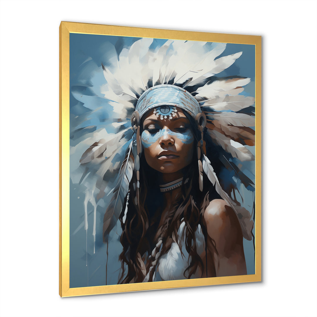 Vintage Portrait Female Native Feather Headdress - Lion Framed Canvas Art