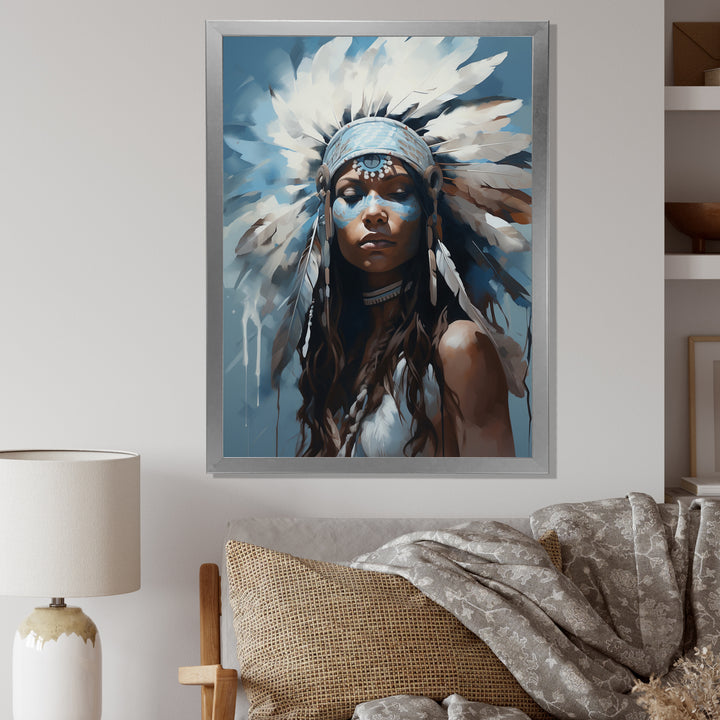 Vintage Portrait Female Native Feather Headdress - Lion Framed Canvas Art