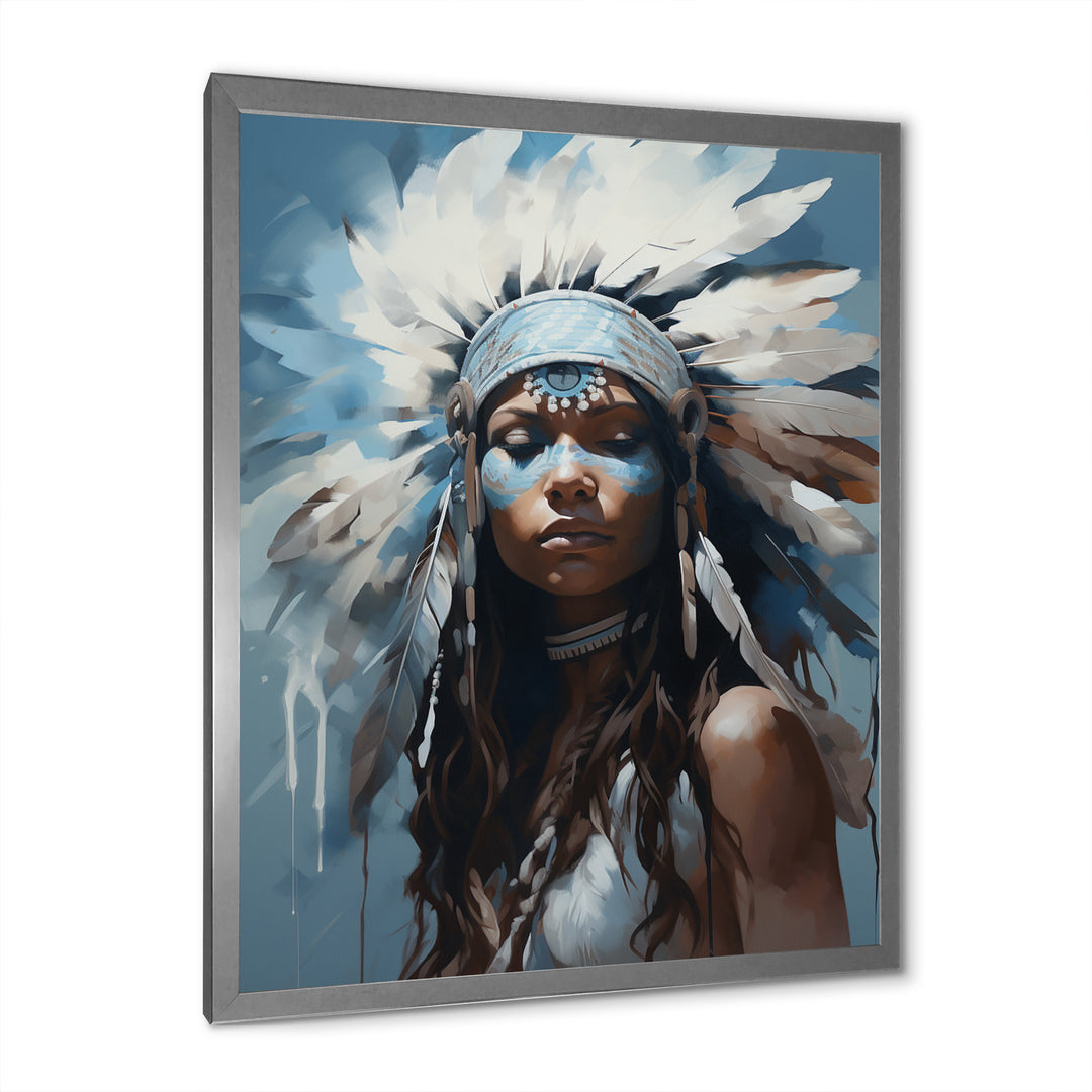 Vintage Portrait Female Native Feather Headdress - Lion Framed Canvas Art