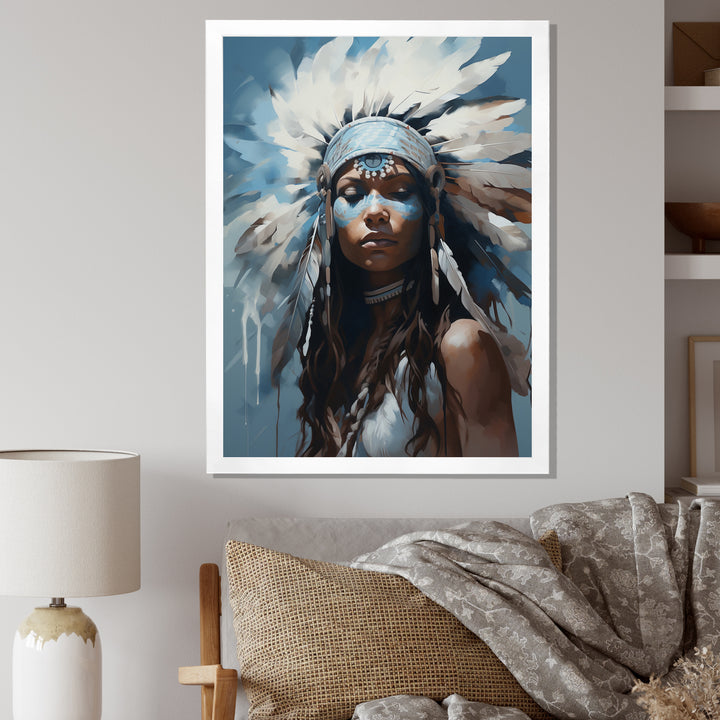 Vintage Portrait Female Native Feather Headdress - Lion Framed Canvas Art