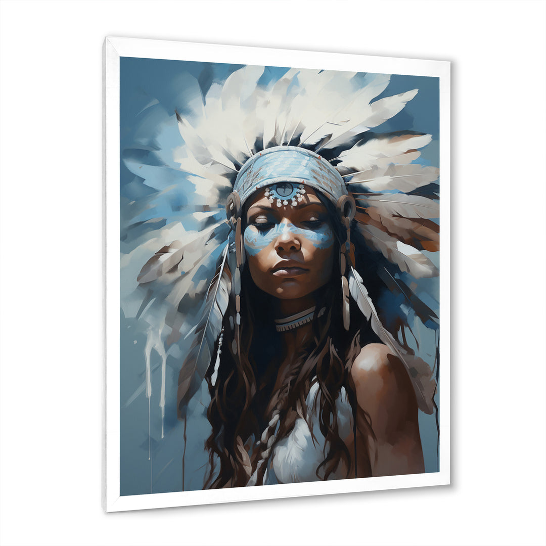 Vintage Portrait Female Native Feather Headdress - Lion Framed Canvas Art