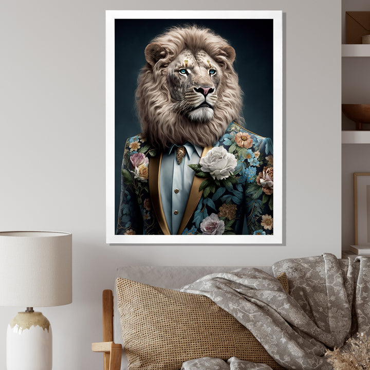 Glamorous Fashion Lion With Flower Suit - Lion Large Canvas Wall Art