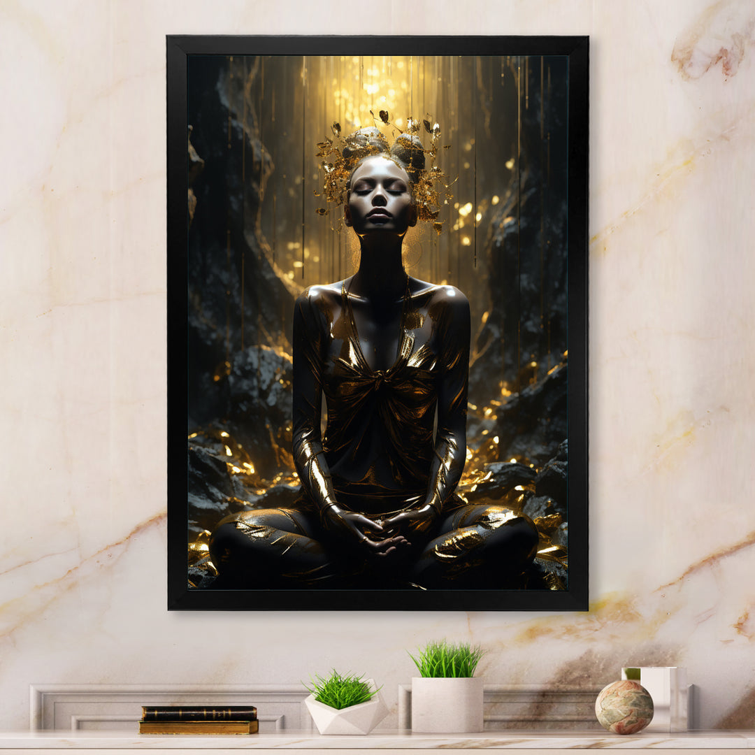 Mystical Woman Meditating Sunny Enchanted Forest - Lion Bedroom Wall Art