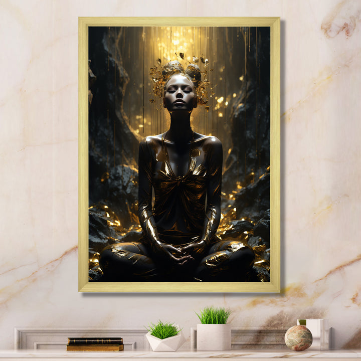 Mystical Woman Meditating Sunny Enchanted Forest - Lion Bedroom Wall Art