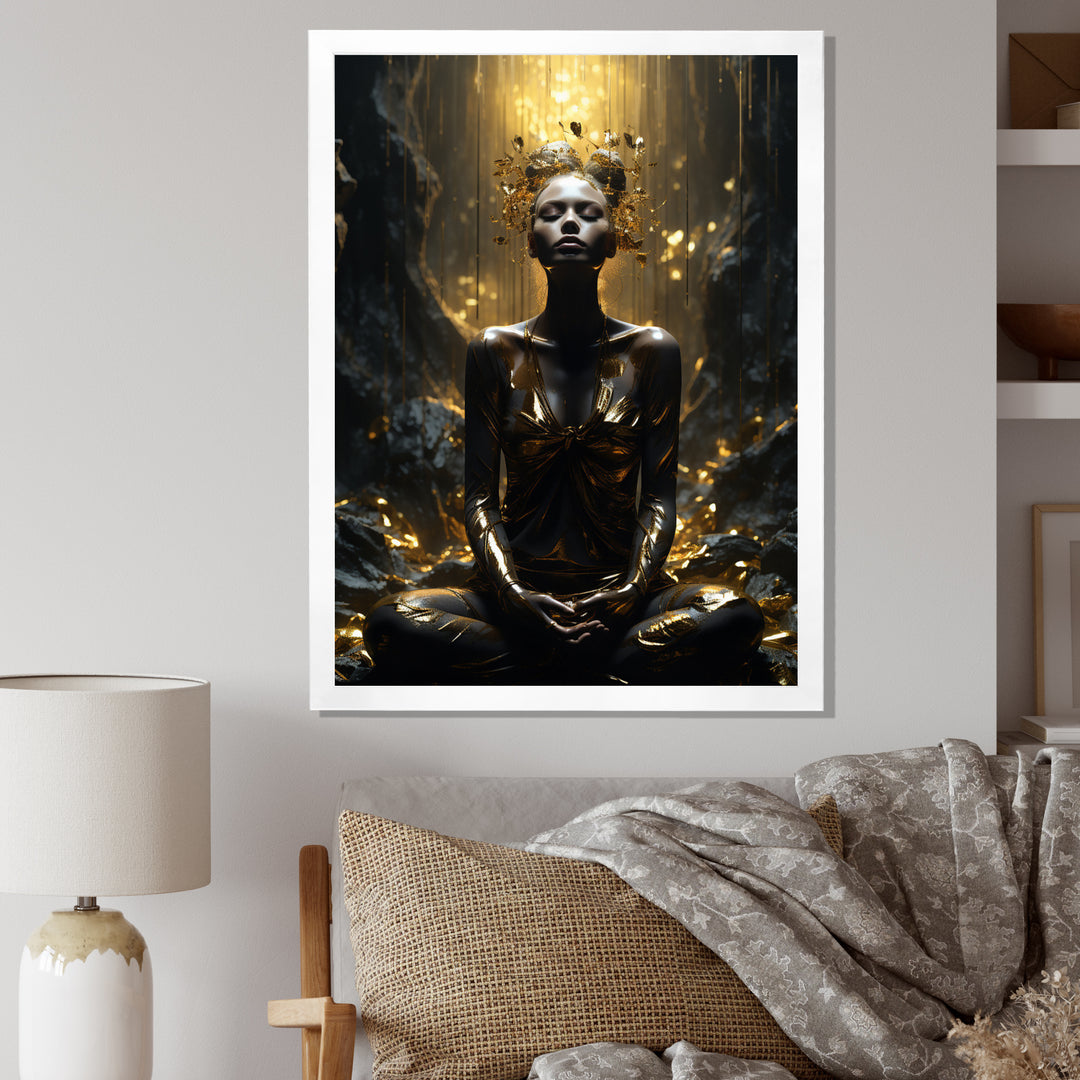 Mystical Woman Meditating Sunny Enchanted Forest - Lion Bedroom Wall Art
