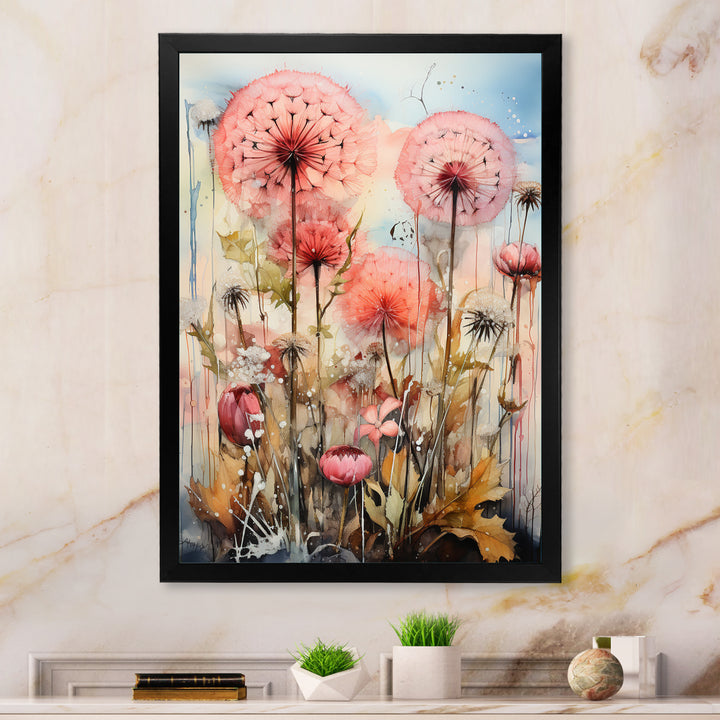 Pink Dandelion Retro Flower Illustration - Lion Canvas Wall Art