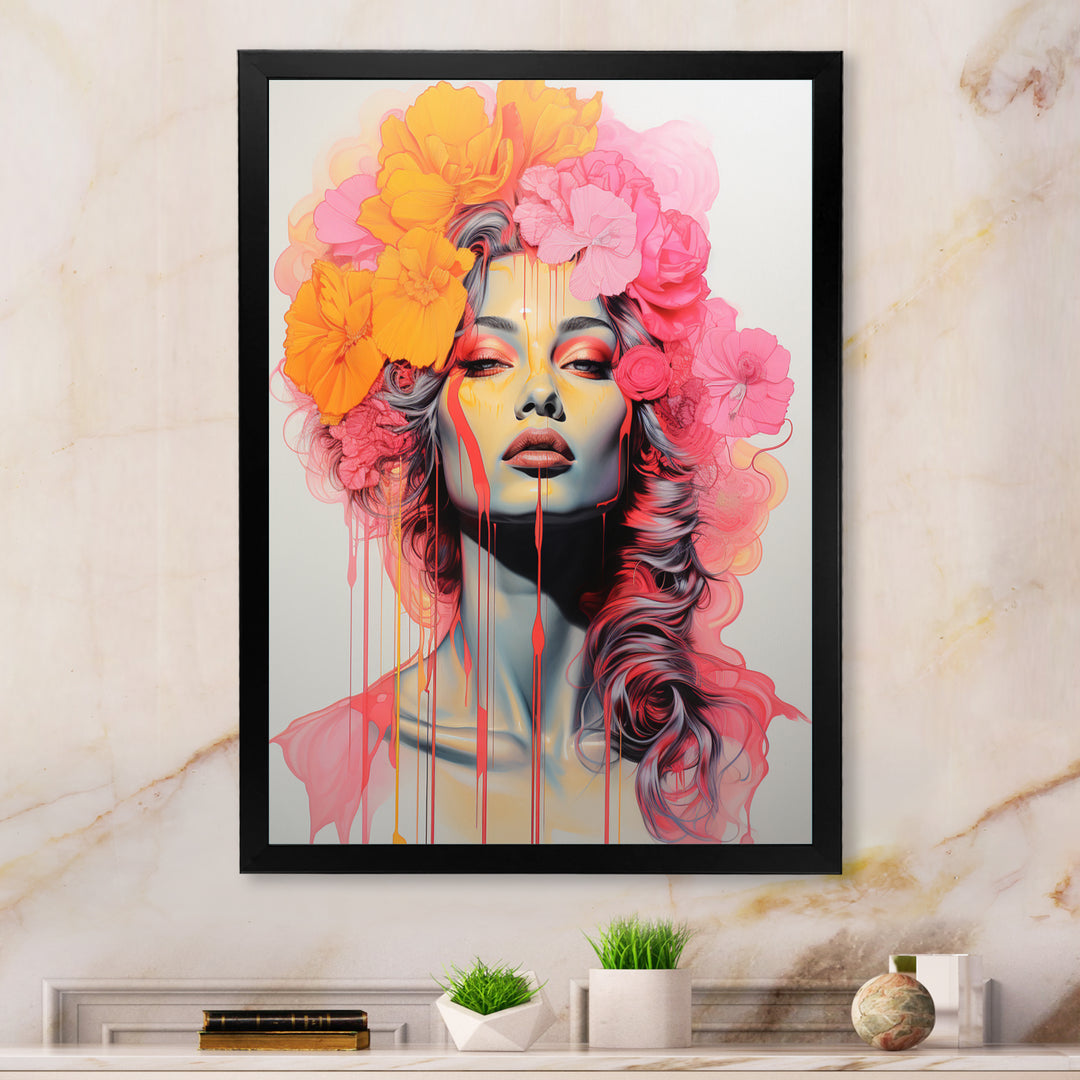 Vintage Iconic Portrait Pink Yellow Flower Woman - Lion Wall Art Prints
