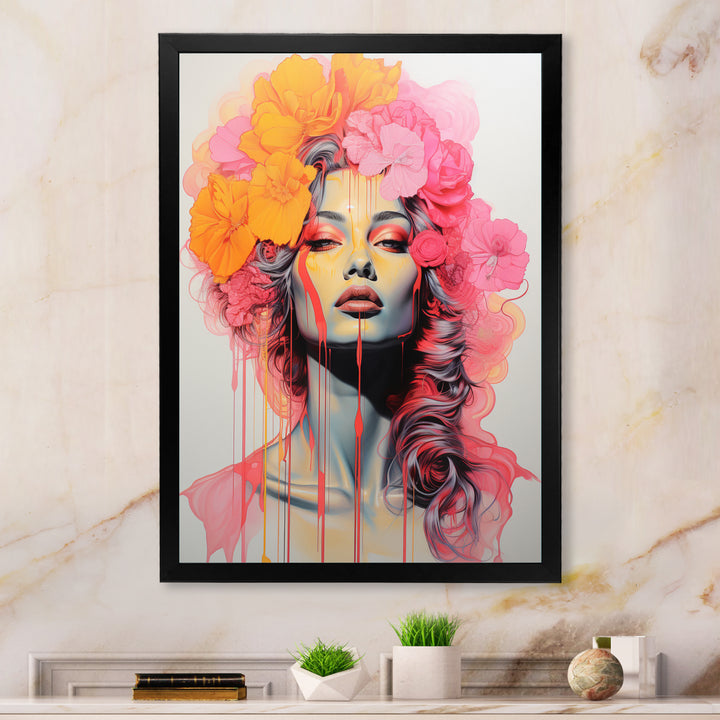 Vintage Iconic Portrait Pink Yellow Flower Woman - Lion Wall Art Prints