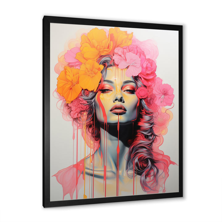 Vintage Iconic Portrait Pink Yellow Flower Woman - Lion Wall Art Prints