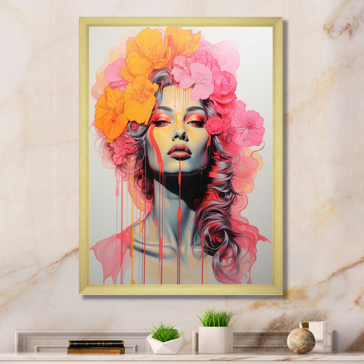 Vintage Iconic Portrait Pink Yellow Flower Woman - Lion Wall Art Prints