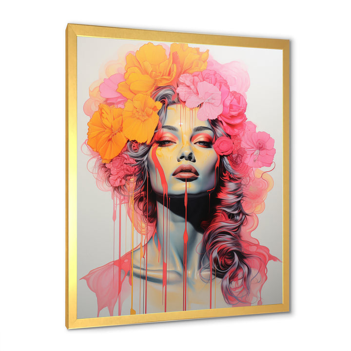 Vintage Iconic Portrait Pink Yellow Flower Woman - Lion Wall Art Prints
