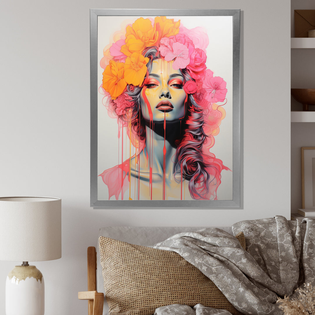 Vintage Iconic Portrait Pink Yellow Flower Woman - Lion Wall Art Prints