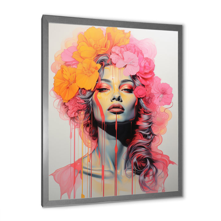 Vintage Iconic Portrait Pink Yellow Flower Woman - Lion Wall Art Prints