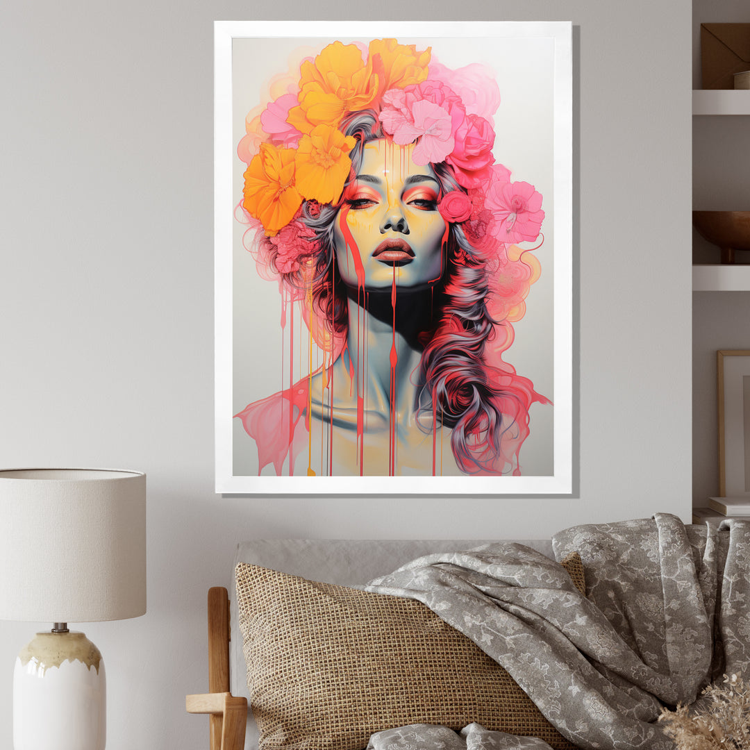 Vintage Iconic Portrait Pink Yellow Flower Woman - Lion Wall Art Prints