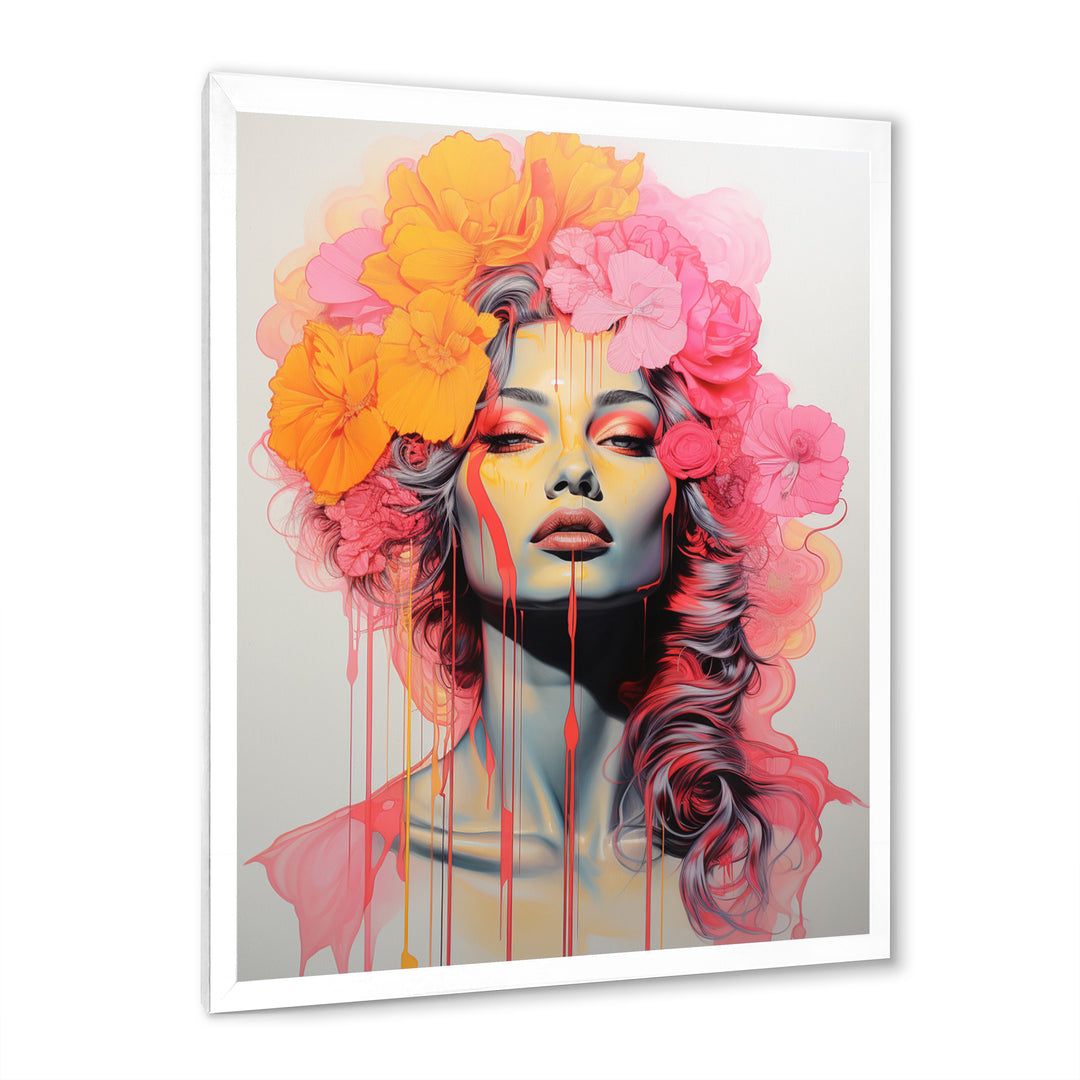 Vintage Iconic Portrait Pink Yellow Flower Woman - Lion Wall Art Prints