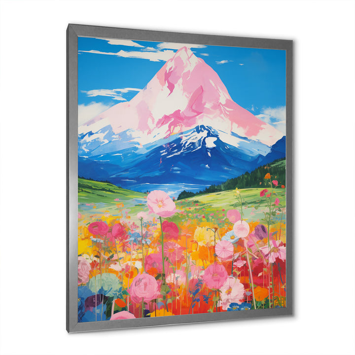 Pink Mountain In Flower Field Painting - Brown Lion Wall Art