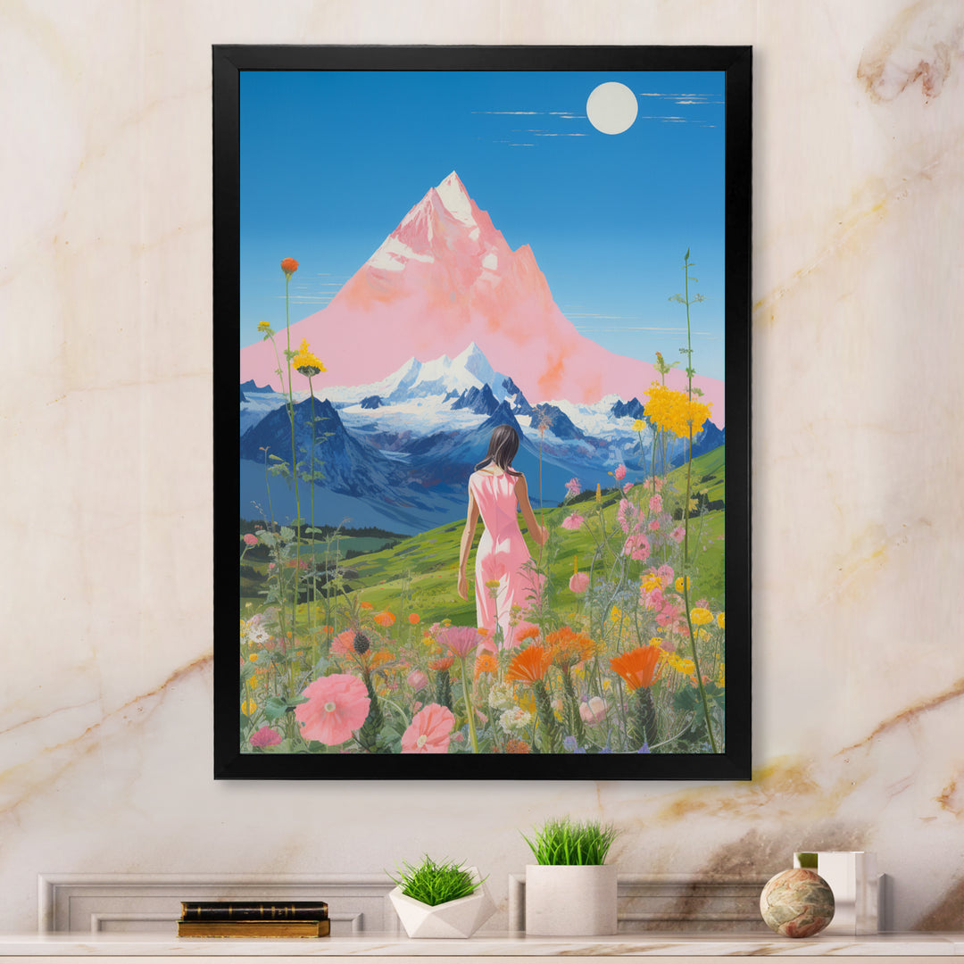 Pink Woman By Pink Mountain Flower Field Painting - Brown Lion Wall Art
