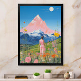 Pink Woman By Pink Mountain Flower Field Painting - Brown Lion Wall Art
