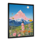 Pink Woman By Pink Mountain Flower Field Painting - Brown Lion Wall Art