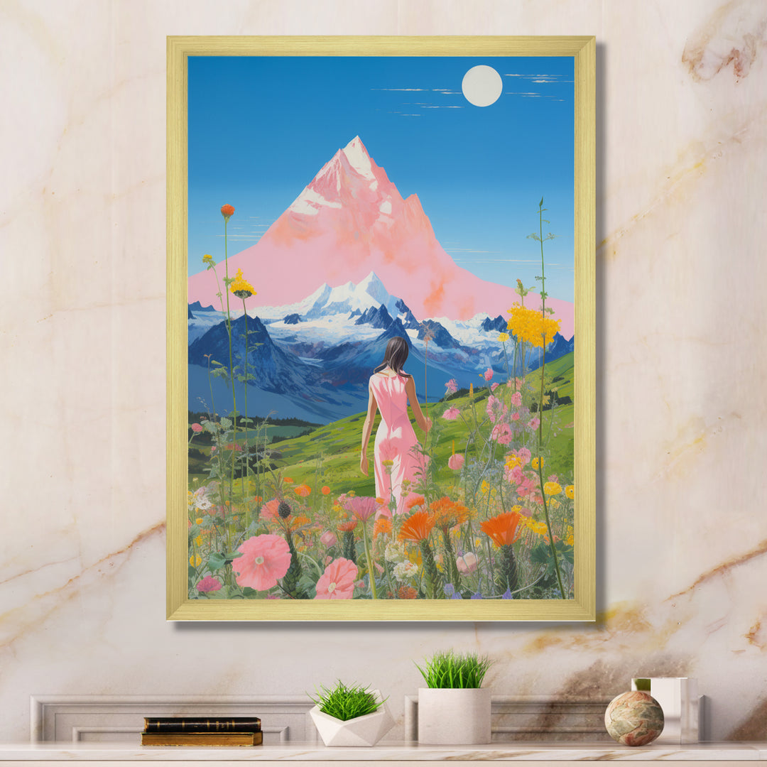 Pink Woman By Pink Mountain Flower Field Painting - Brown Lion Wall Art
