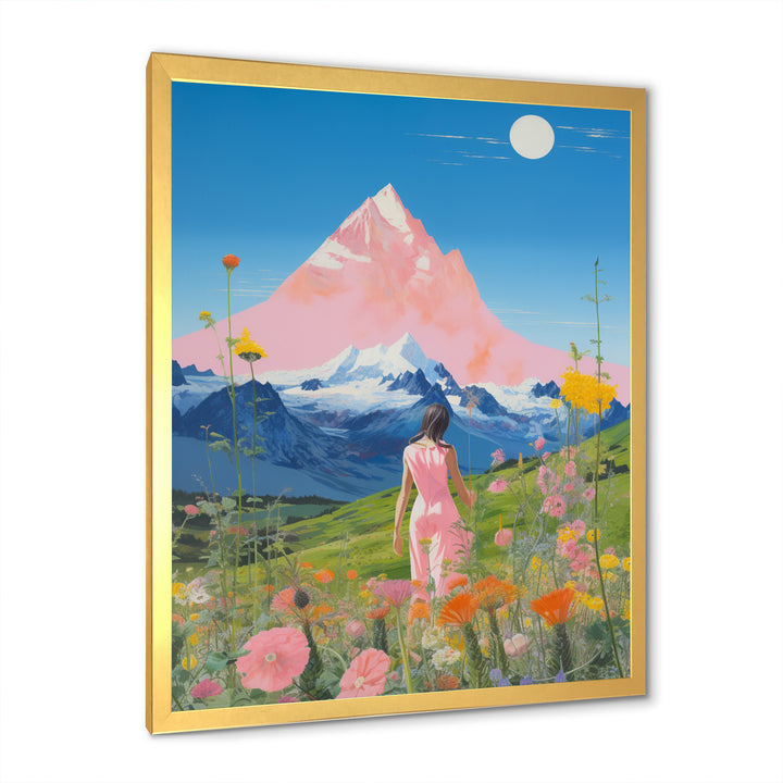 Pink Woman By Pink Mountain Flower Field Painting - Brown Lion Wall Art