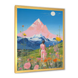 Pink Woman By Pink Mountain Flower Field Painting - Brown Lion Wall Art