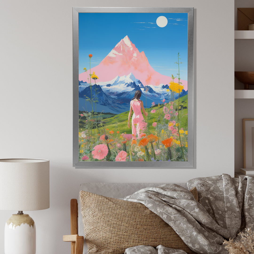 Pink Woman By Pink Mountain Flower Field Painting - Brown Lion Wall Art