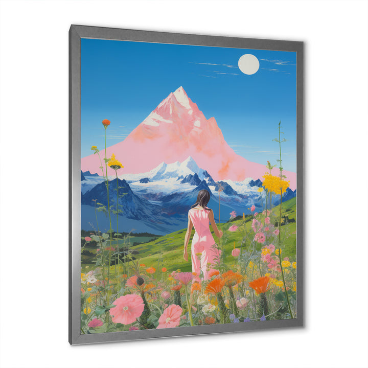 Pink Woman By Pink Mountain Flower Field Painting - Brown Lion Wall Art