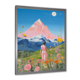 Pink Woman By Pink Mountain Flower Field Painting - Brown Lion Wall Art
