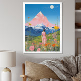 Pink Woman By Pink Mountain Flower Field Painting - Brown Lion Wall Art