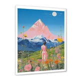 Pink Woman By Pink Mountain Flower Field Painting - Brown Lion Wall Art