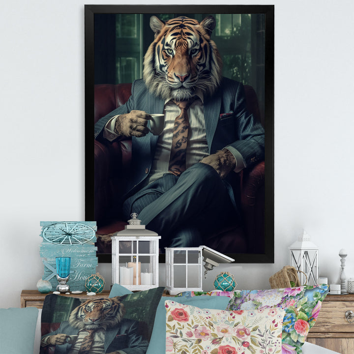 Glamorous Fashion Lion With Flower Suit In Couch - Lion Framed Canvas Art