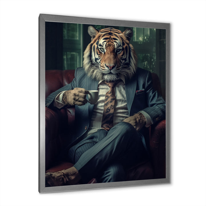 Glamorous Fashion Lion With Flower Suit In Couch - Lion Framed Canvas Art