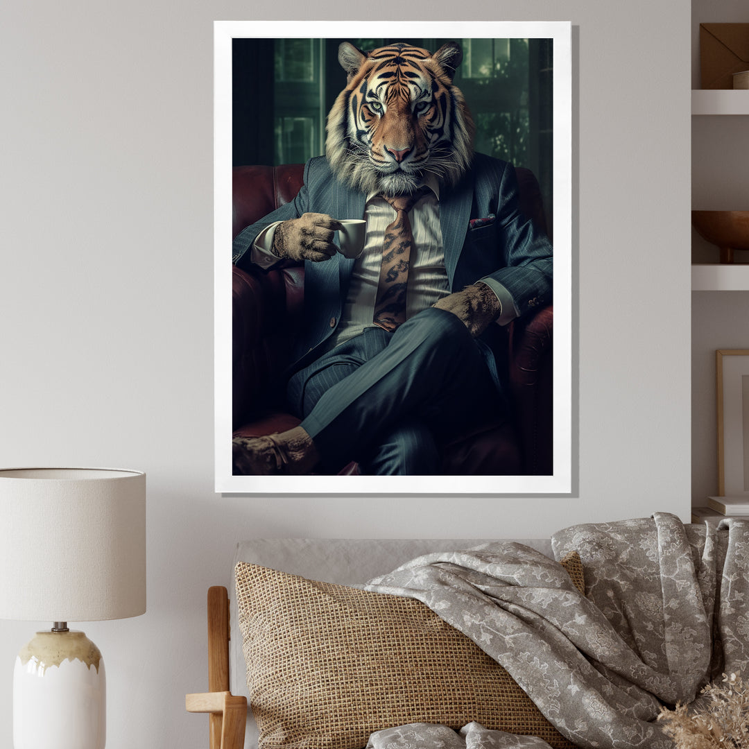 Glamorous Fashion Lion With Flower Suit In Couch - Lion Framed Canvas Art