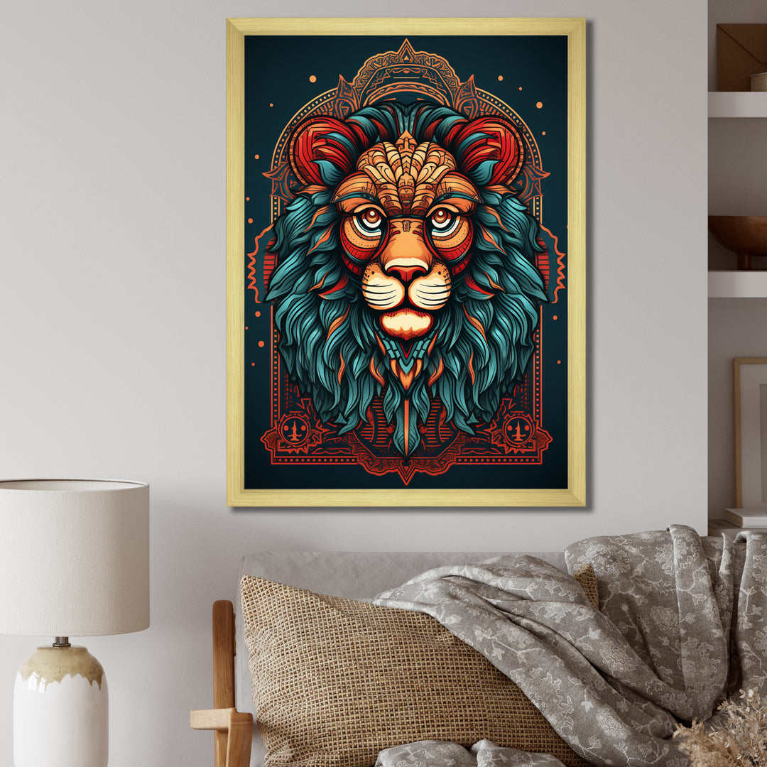 Portrait Of A Wild Lion Retro Illustration - Lion Framed Canvas Art
